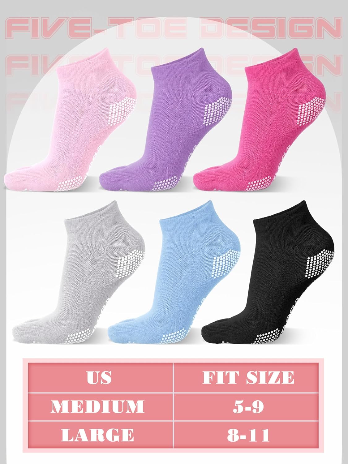 Fourluoo 6 Pairs Women Toe Socks Non Slip Yoga Socks with Grip Men Pilates Toe Socks for Dance Gym