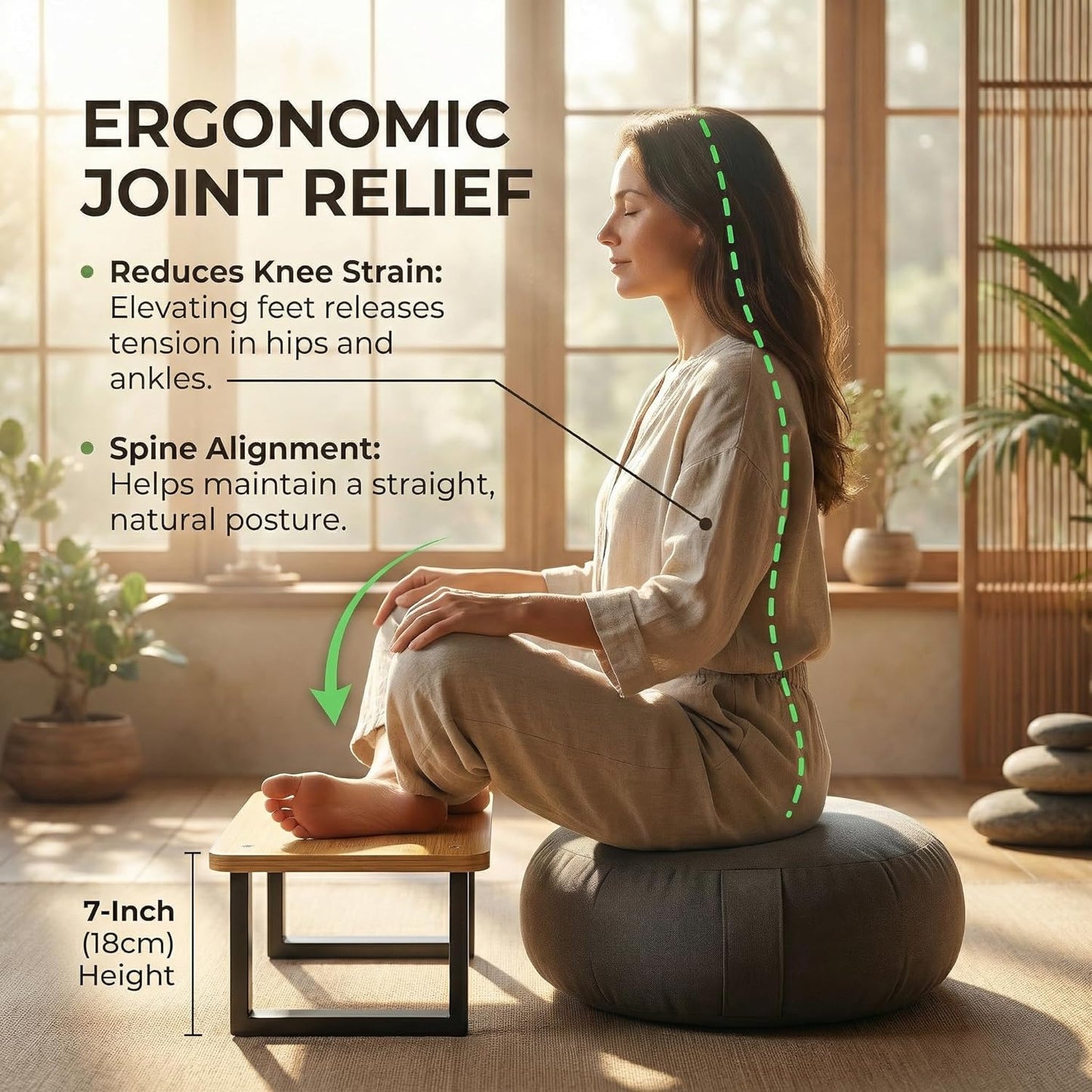 Bamboo Meditation Footrest & Seiza Kneeling Aid – 7" Yoga Support Platform for Leg Relief & Deep Stretching – Ergonomic Zen Prop