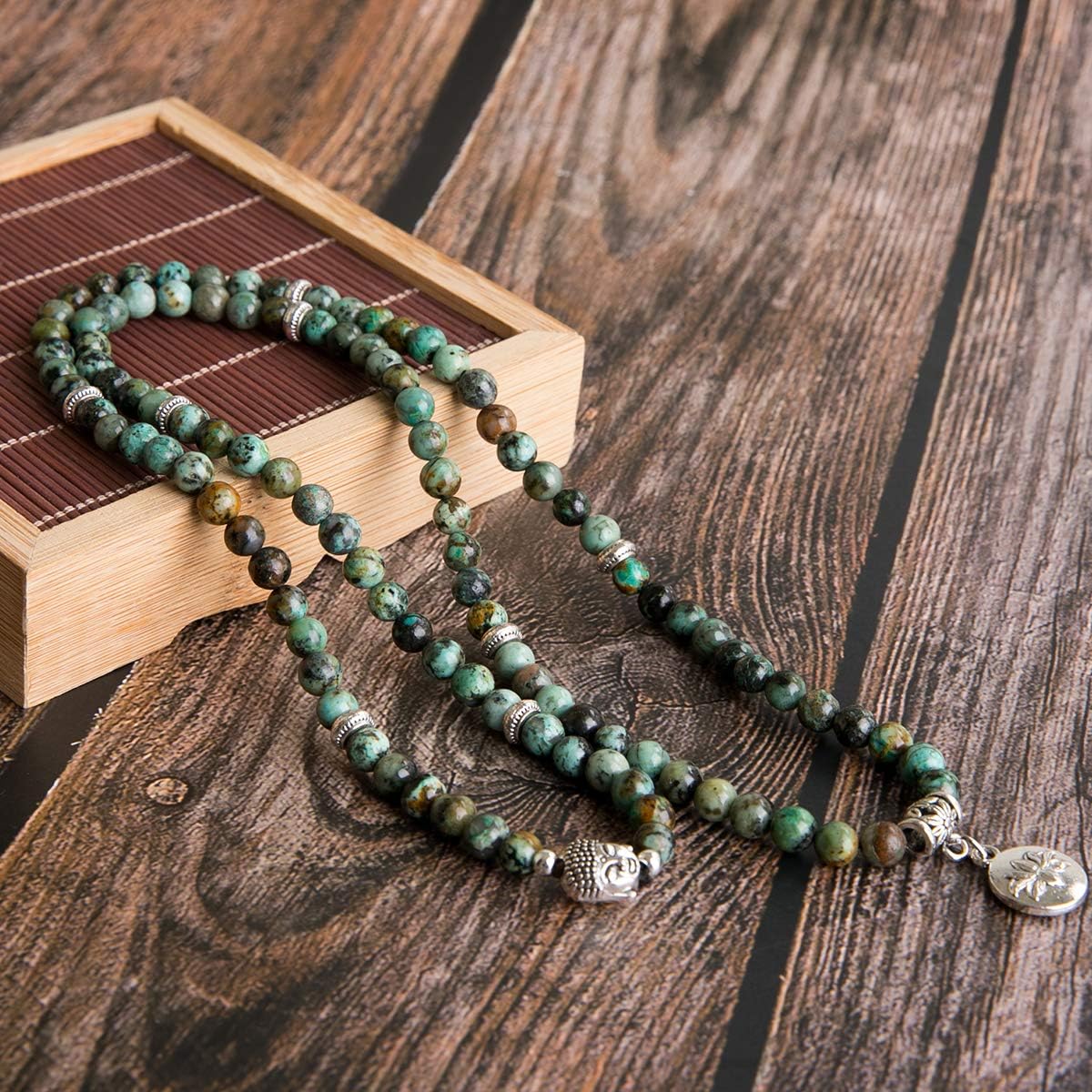 Bivei 108 Mala Beads Necklace Long Beaded Wrap Bracelets Genuine Gemstone Mala Prayer Beads Lotus Buddha Charm Yoga Meditation Necklace