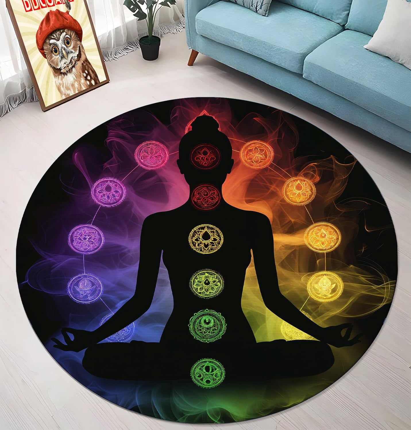 Chakra Round Area Rug, Non-Slip Meditation & Yoga Carpet for Living Room, Meditation Round Area Rugs, Modern Circular Bedroom Rug 57