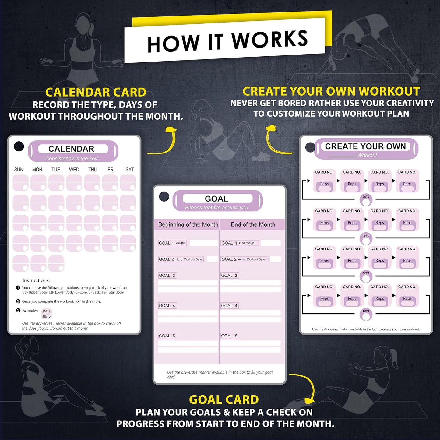 Flexies Pilates Workout Cards - 58 Exercise Cards with Pilates Mat Workout Postures, Video Instructions & Breathing Tips | Free Ring & Dry-Erase Marker to Create at home pilates womens workout planner