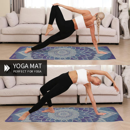 Printed Yoga Mat 72" x 24" Thick 6mm Non-Slip Fitness Exercise Exercise Mat with Strap for Women Men Yoga Pilates Workout Gym Floor Workout (Blue Lotus Flower)