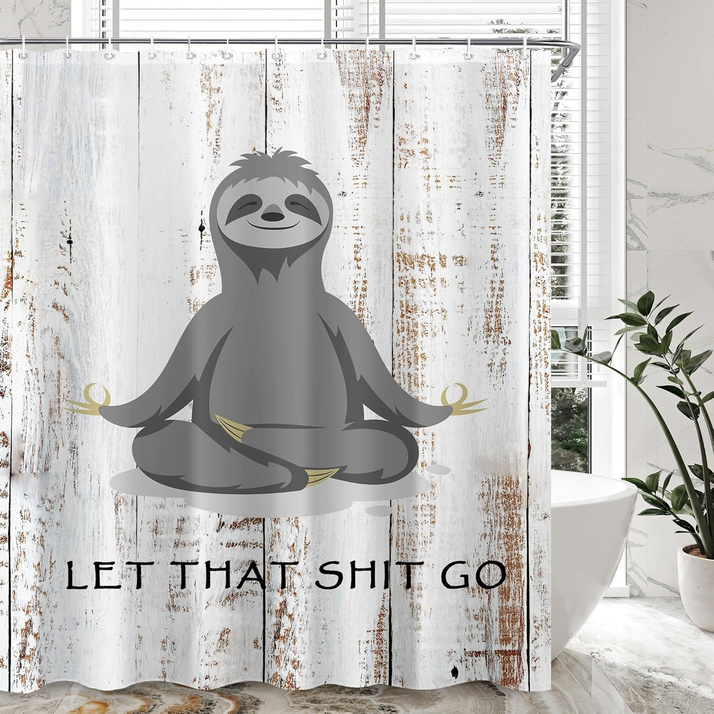 Funny Cute Yoga Sloth Shower Curtain Sets for Bathroom 60Wx72H Fun Animal Inspirational Quotes Shower Curtain Rustic Motivational Bathtub Curtain Wooden Farmhouse Bathroom Decor with 12 Hooks