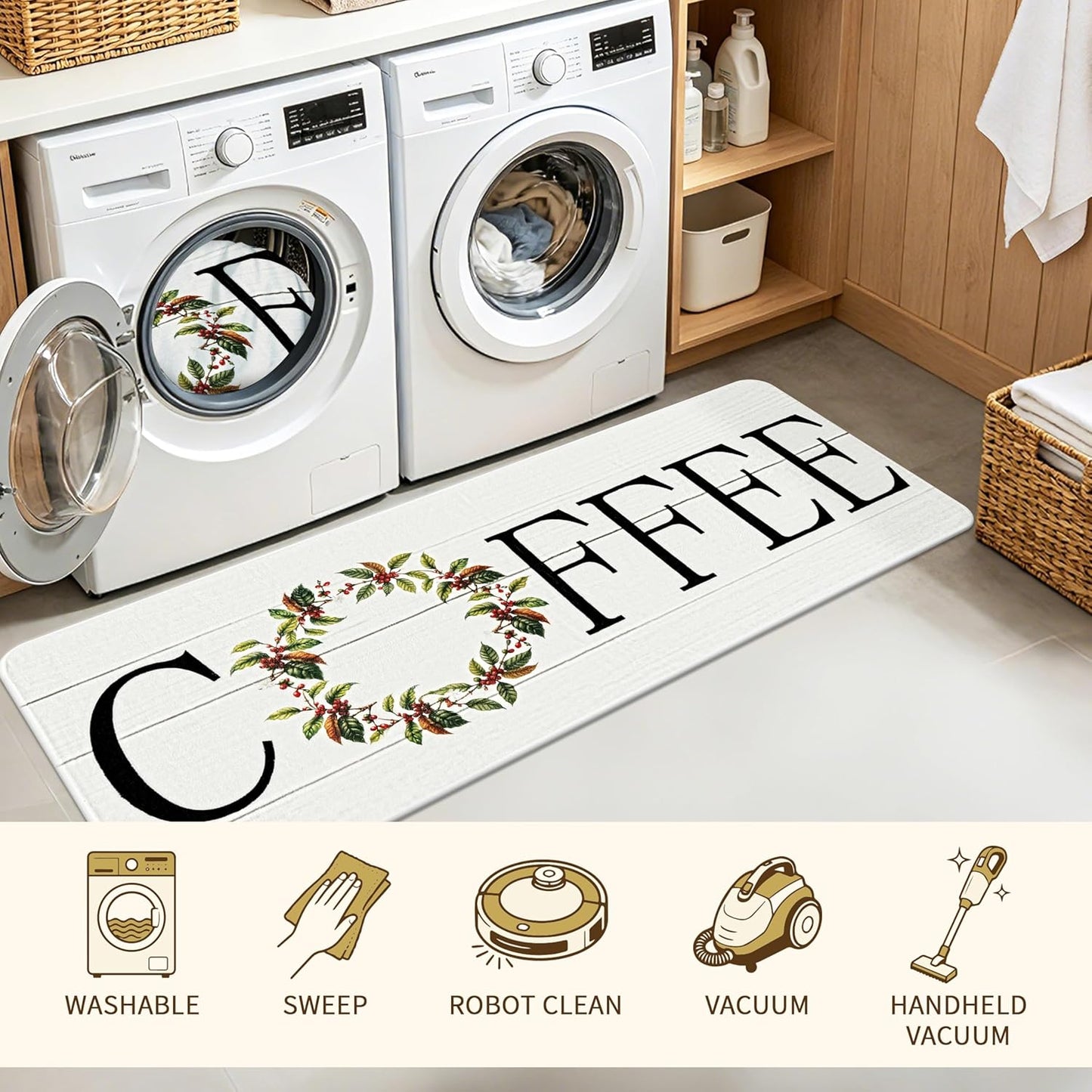Coffee Kitchen Rug, 20"x47" Soft Velvet Kitchen Runner, Laundry Room Rugs Thickened TPR Bottom Floor Mat, Friendly for Kids & Pets, Multi-Use for Yoga Office, Coffee Station Rug Decor