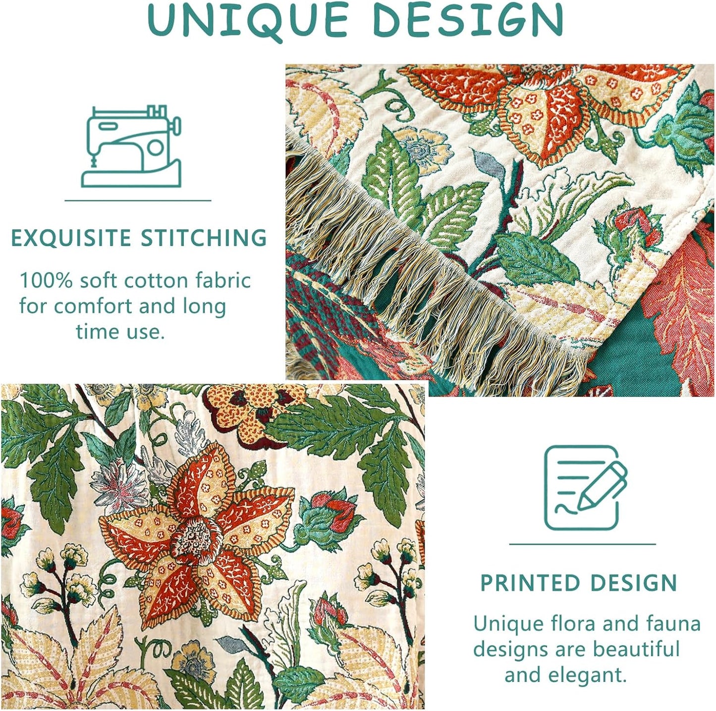 Boho Throw Blanket - 100% Cotton Soft Summer Throw Blanket for Bed, 50"x60" Reversible Breathable Lightweight Blankets, All Seasons Farmhouse Decor Floral Plant Butterfly Throw Quilt