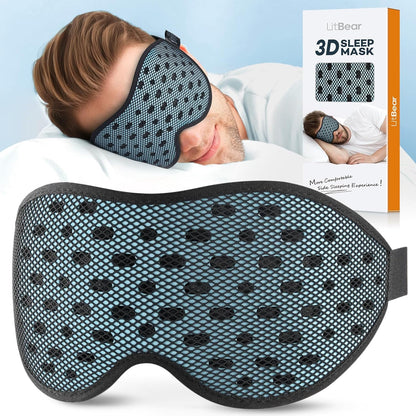 LitBear Breathable Sleep Mask, 3D Eye Mask Sleep for Side Sleepers Women Men, Light Blocking Sleeping Mask with Adjustable Strap, Soft Lightweight Eye Cover for Travel, Night Work, Nap, Office - Blue