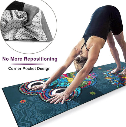 Yoga Mat Towel with Corner Pockets - Microfiber Yoga Towels for Hot Yoga Non Slip Moisture Wicking Sweat Absorbent, Tree of Life Yoga Towel Easy for Travel, Use in Hot Yoga,Bikram,Pilates and Fitness