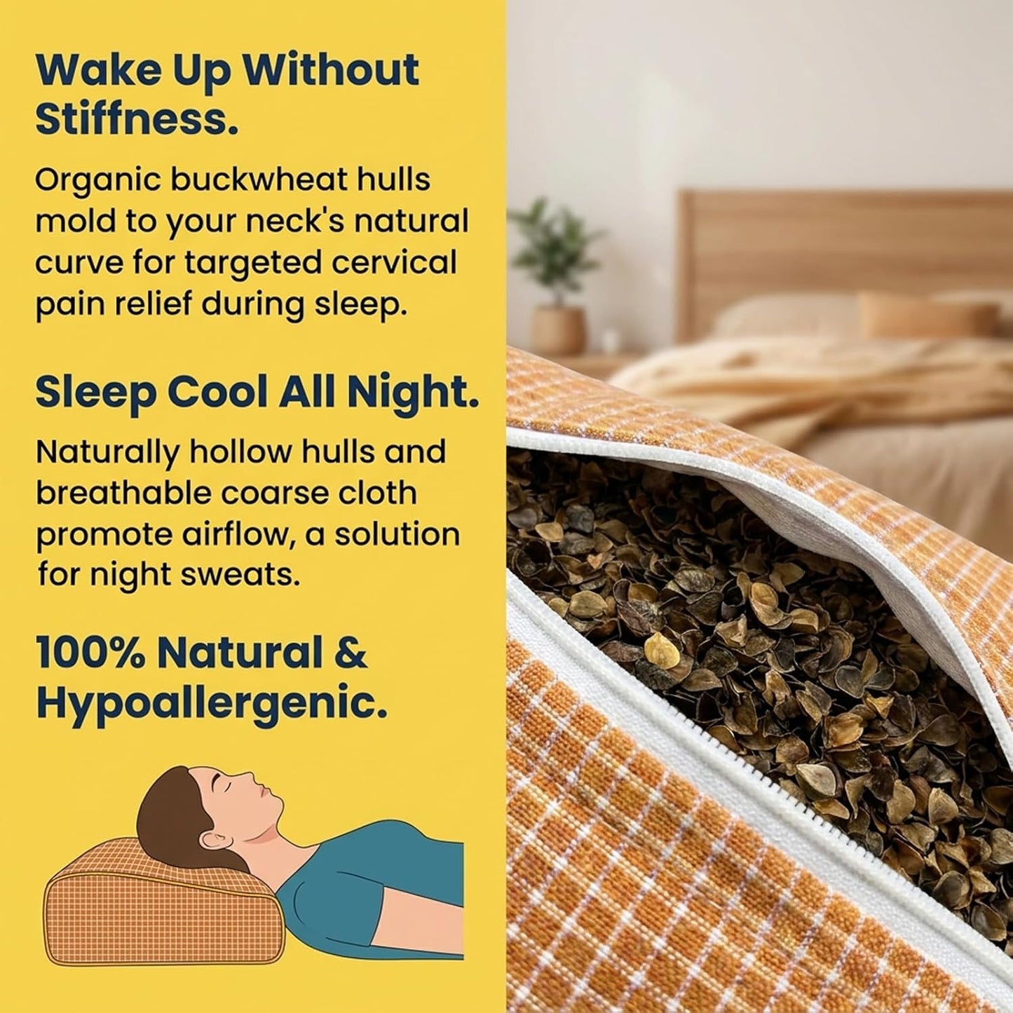 Adjustable Buckwheat Hull Pillow for Neck Pain Relief (21x8x4in) Natural Cooling Cervical Support Organic Pillow for Side & Back Sleepers with Night Sweats (Grey)