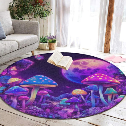 Machine Washable Modern Round Area Rug, Room Sofa Yoga Soft Round Carpet, Home Decor Non Slip Kitchen Office Circle Rug Trippy Rainbow Mushroom Tie Dye Art, 60inch