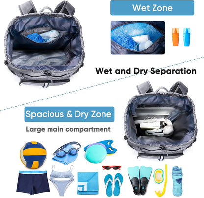 Large Beach Backpack Waterproof Sandproof - Customized Oversized Drawstring Pool Bag with Shoe Compartment for Toiletries, Towels, Gym, Travel