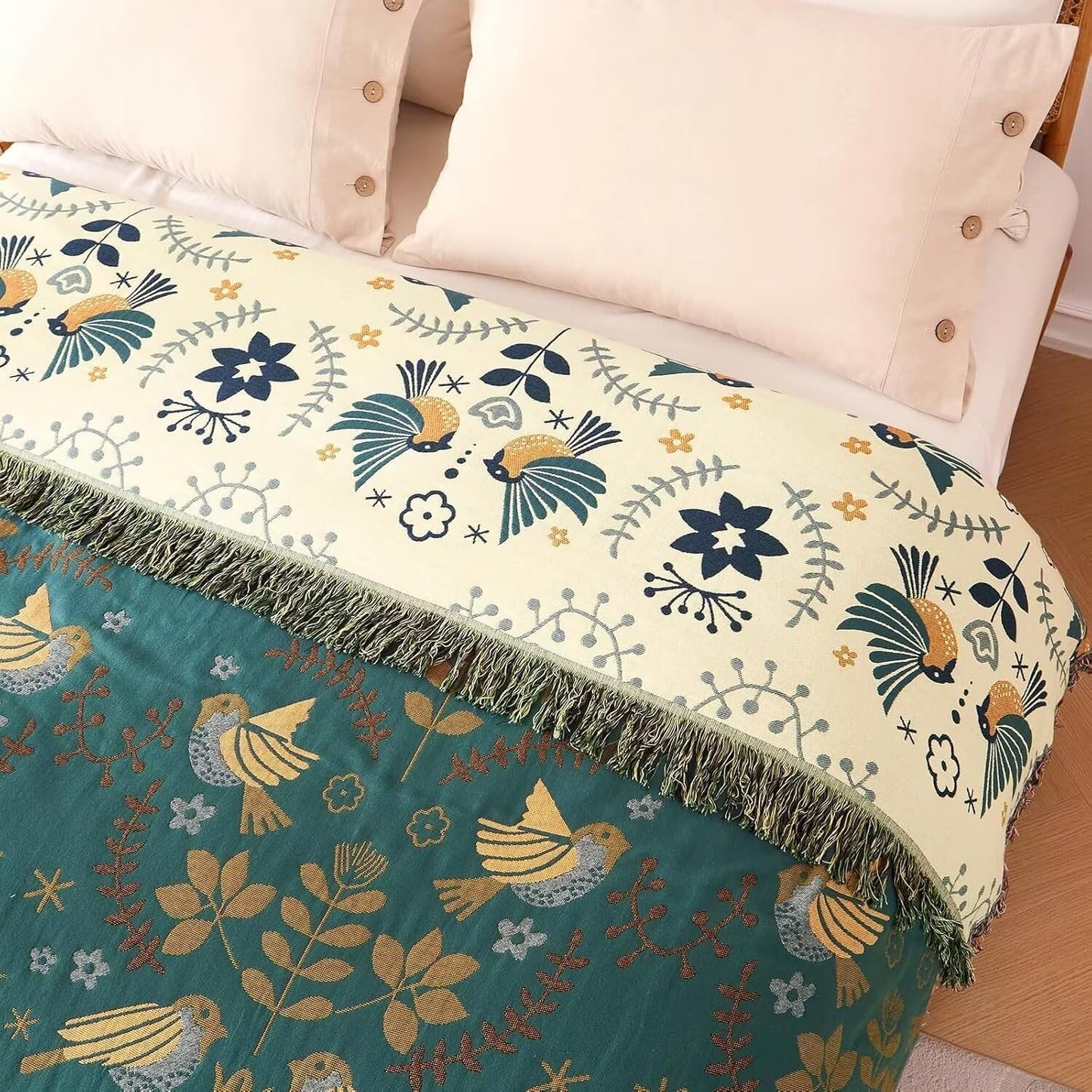 Boho Throw Blanket - 100% Cotton Soft Summer Throw Blanket for Bed, 50"x60" Reversible Breathable Lightweight Blankets, All Seasons Farmhouse Decor Floral Plant Butterfly Throw Quilt