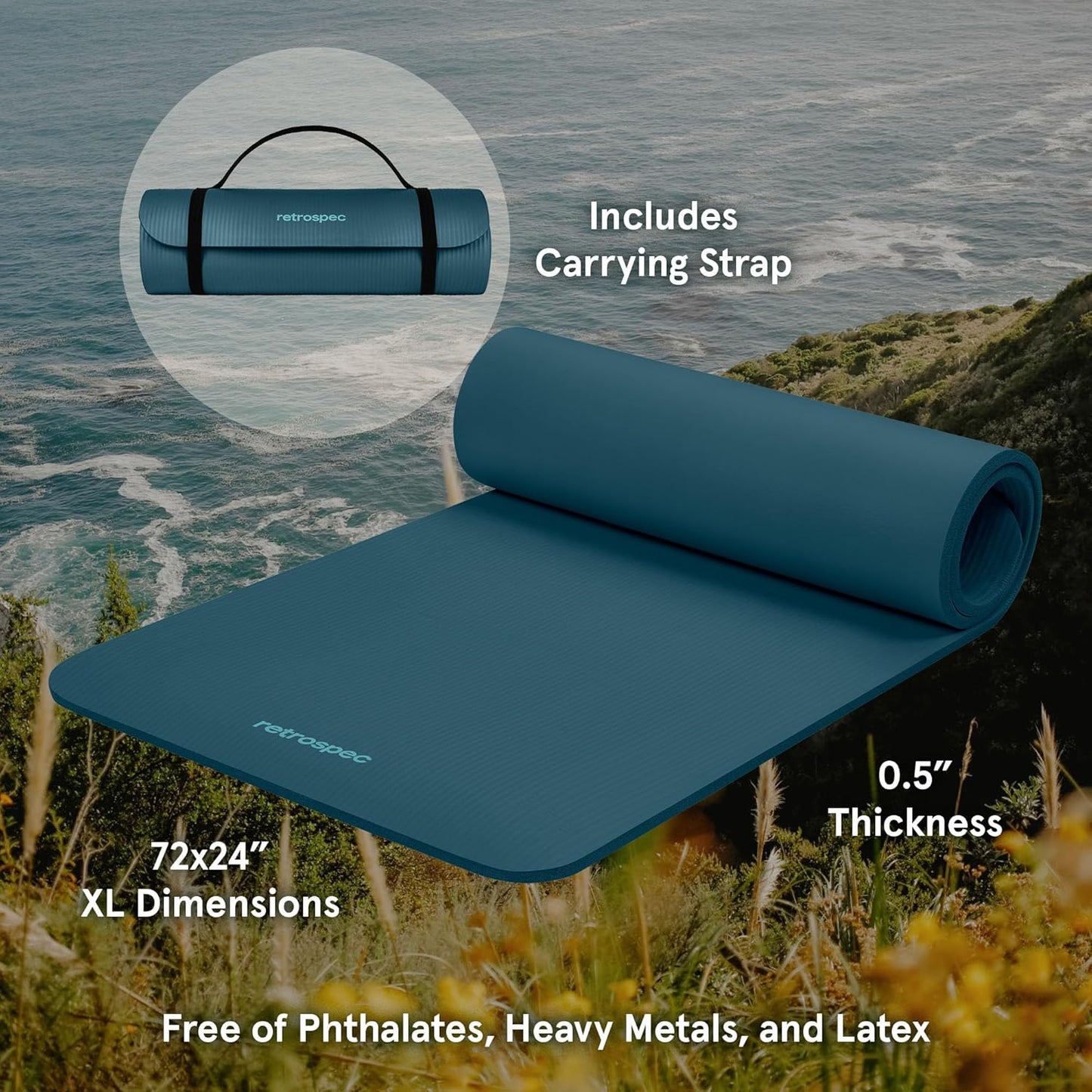 Retrospec Solana Yoga Mat Thick 1/2in Non-Slip Workout Mat with Nylon Strap - 72x24in Exercise Mat for Pilates, Stretching & Fitness - BPA Free, Easy Clean