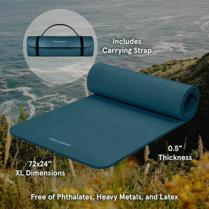 Retrospec Solana Yoga Mat Thick 1/2in Non-Slip Workout Mat with Nylon Strap - 72x24in Exercise Mat for Pilates, Stretching & Fitness - BPA Free, Easy Clean