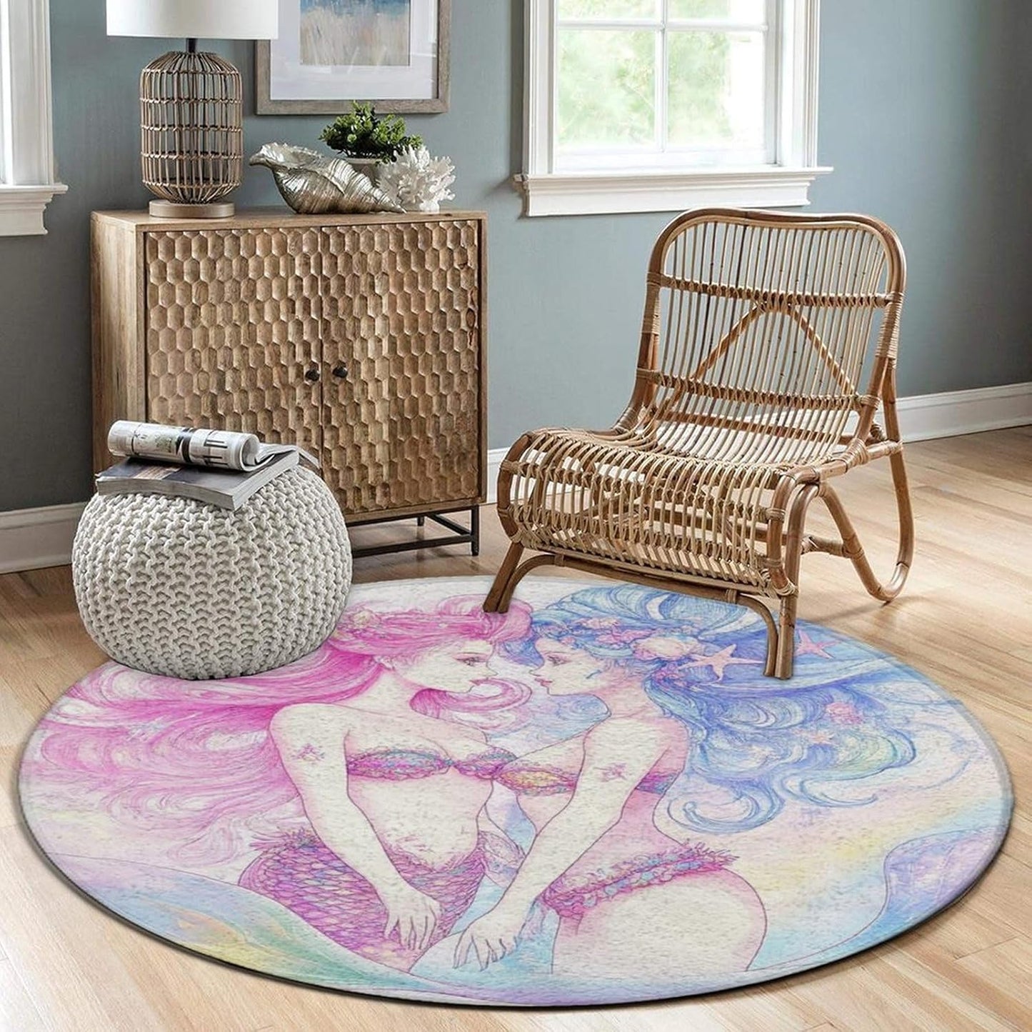 Machine Washable Modern Round Area Rug, Room Sofa Yoga Soft Round Carpet, Home Decor Non Slip Kitchen Office Circle Rug Union Jack Flag UK Mandala Art, 60inch