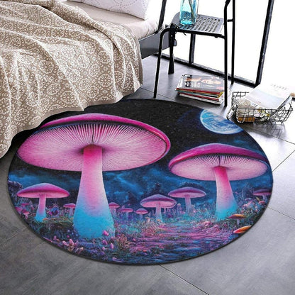 Machine Washable Modern Round Area Rug, Room Sofa Yoga Soft Round Carpet, Home Decor Non Slip Kitchen Office Circle Rug Trippy Rainbow Mushroom Tie Dye Art, 60inch