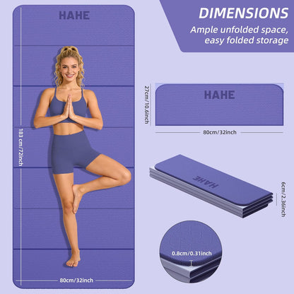 HAHE Foldable Yoga Exercise Mat, 74"Lx32"Wx1/3"Thick, TPE Multi-purpose Workout Mats with Non-slip Surface, Portable for Yoga/Pilates/Studio/Home Gym