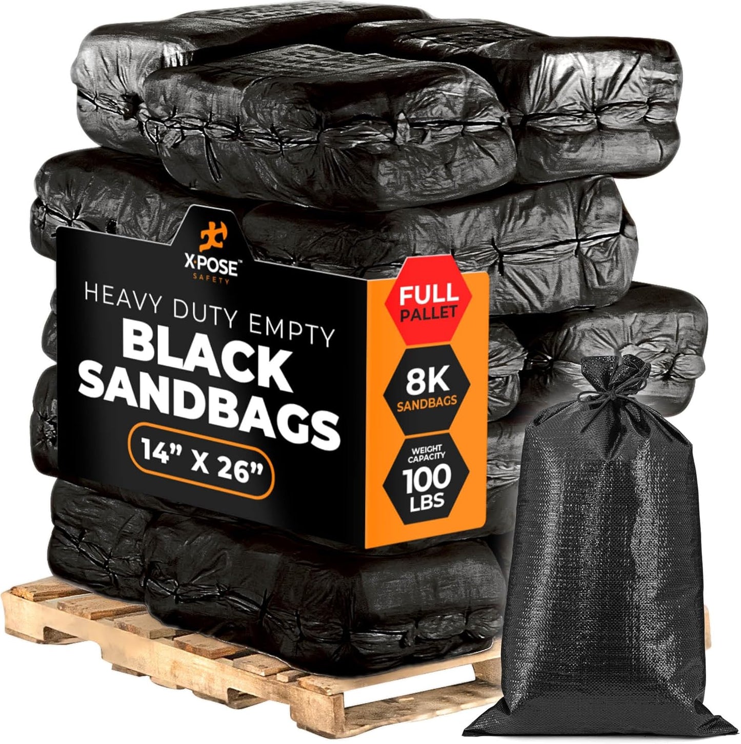 Xpose Safety Heavy Duty Sand Bags with Tie Strings – Empty Woven Polypropylene Sandbags for Hurricane Flood Protection, 100 lb Capacity, 14" x 26", Black, Pack of 10