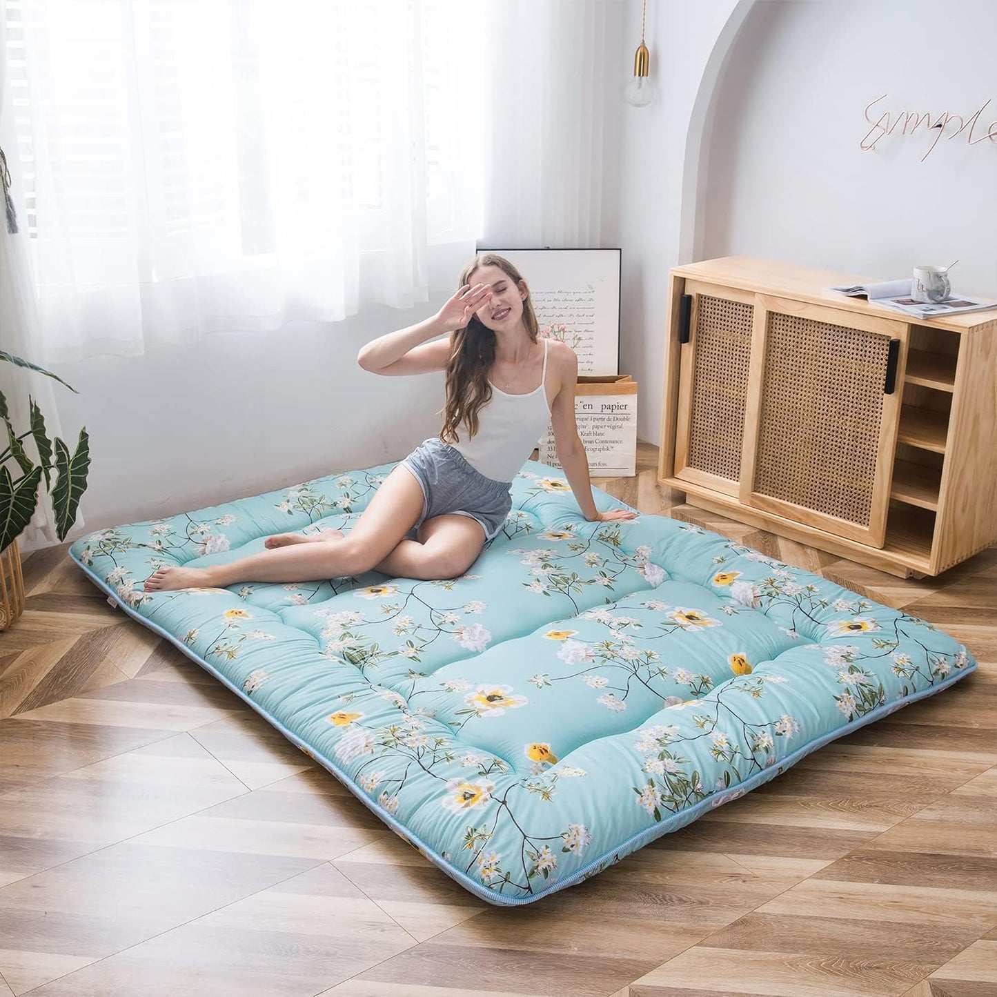 MAXYOYO Bohemian Retro Mattress Boho Floral Japanese Futon Mattress Tatami Floor Mat Foldable Portable Camping, Sleeping Pad, Lounger Couch Bed Full Size