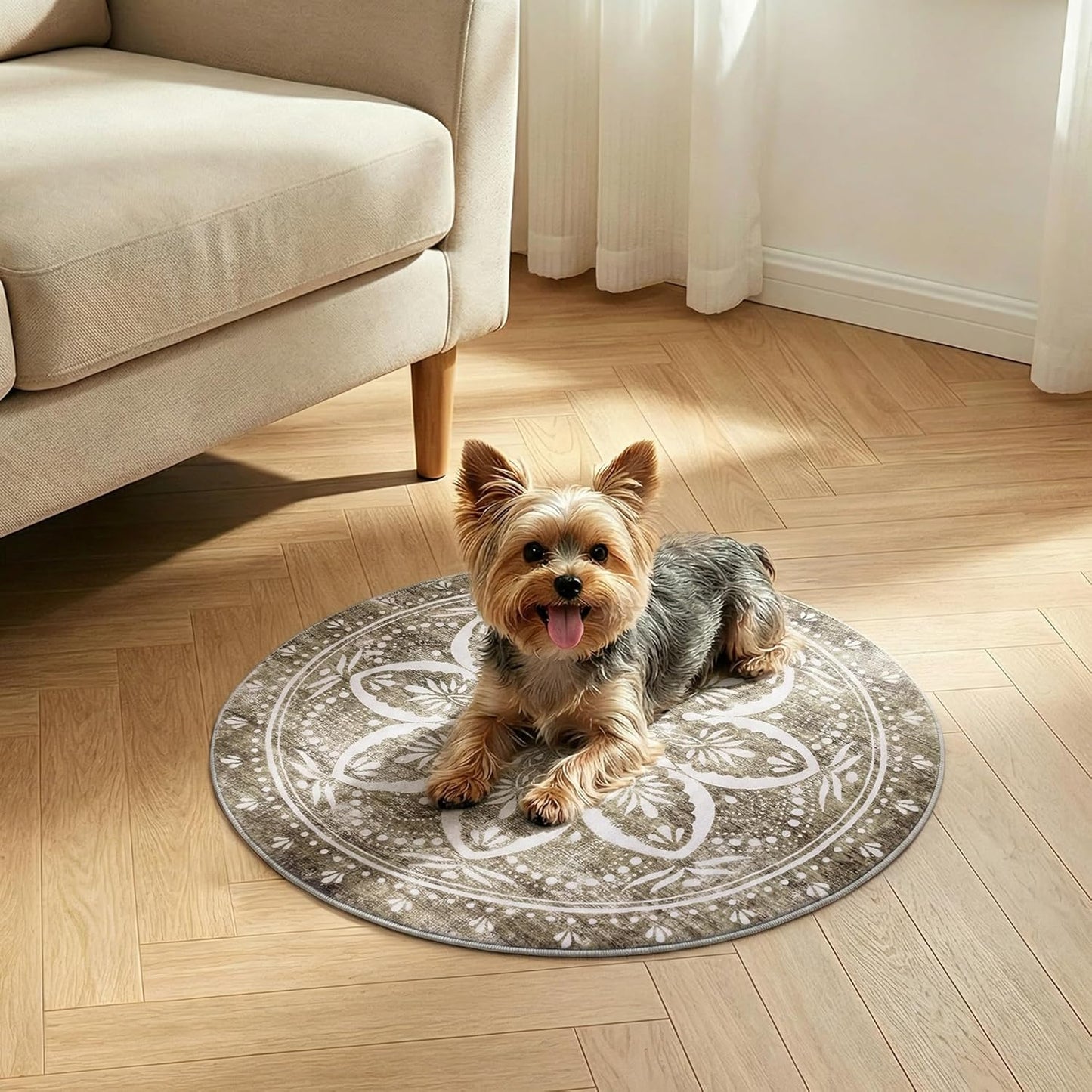 Carvapet 4ft Washable Round Rugs, Modern Abstract Circle Rug, Non Slip Rubber Backing Foldable Low Pile Carpet for Living Room Bedroom, 4ft Red/Orange Rug
