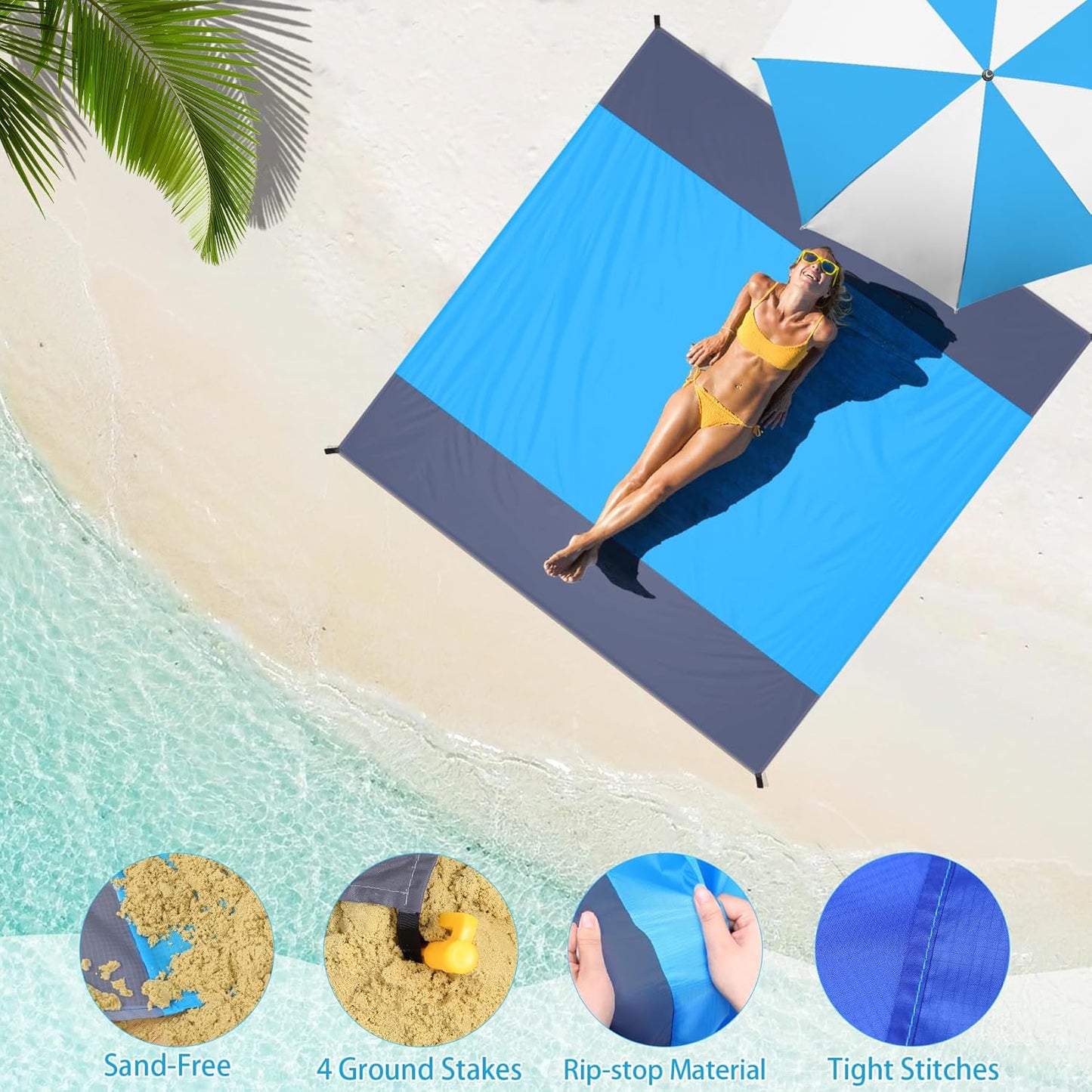 BYDOLL Beach Blanket Waterproof Sandproof Large Sand Free,78''X81''/10'X9' Oversized Sandless Lightweight Blanket Picnic Mat for Beach Travel Camping Hiking with Stakes
