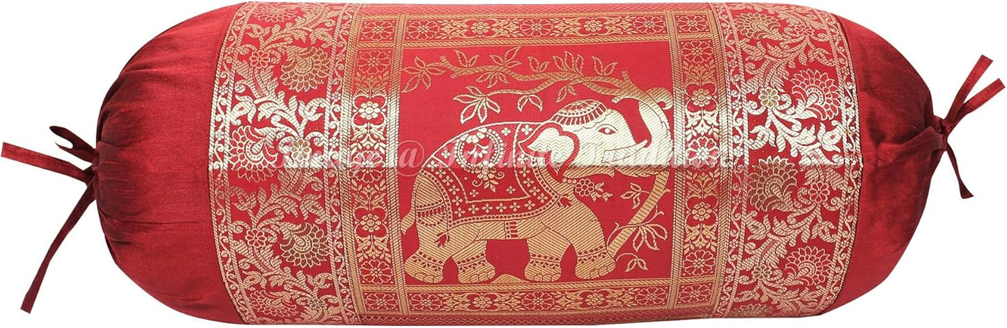 Ethnic Living Room Decorative Bolster Tube Pillow Covers Cylindrical Maroon Yoga Couch Round Cushion Cover Jacquard Weave Poly Dupion Silk Elephant Throw Pillow Case 30x15 inch (76x38cm) - 2 Pc.