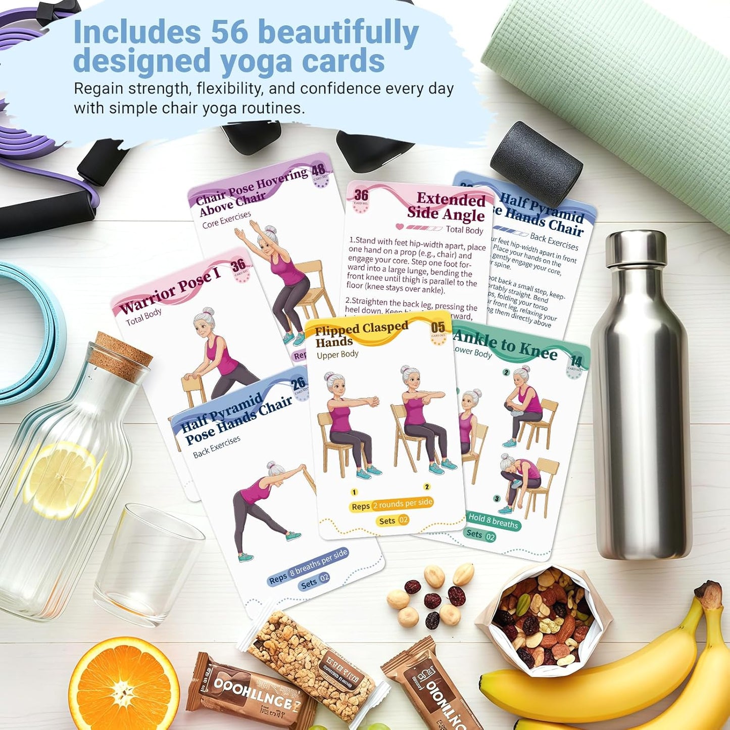 Gentle Chair Yoga Program for Seniors Includes 50 Large Print Exercise Cards that Gently Target Back Relaxation, Core Strength, and Leg Stability.