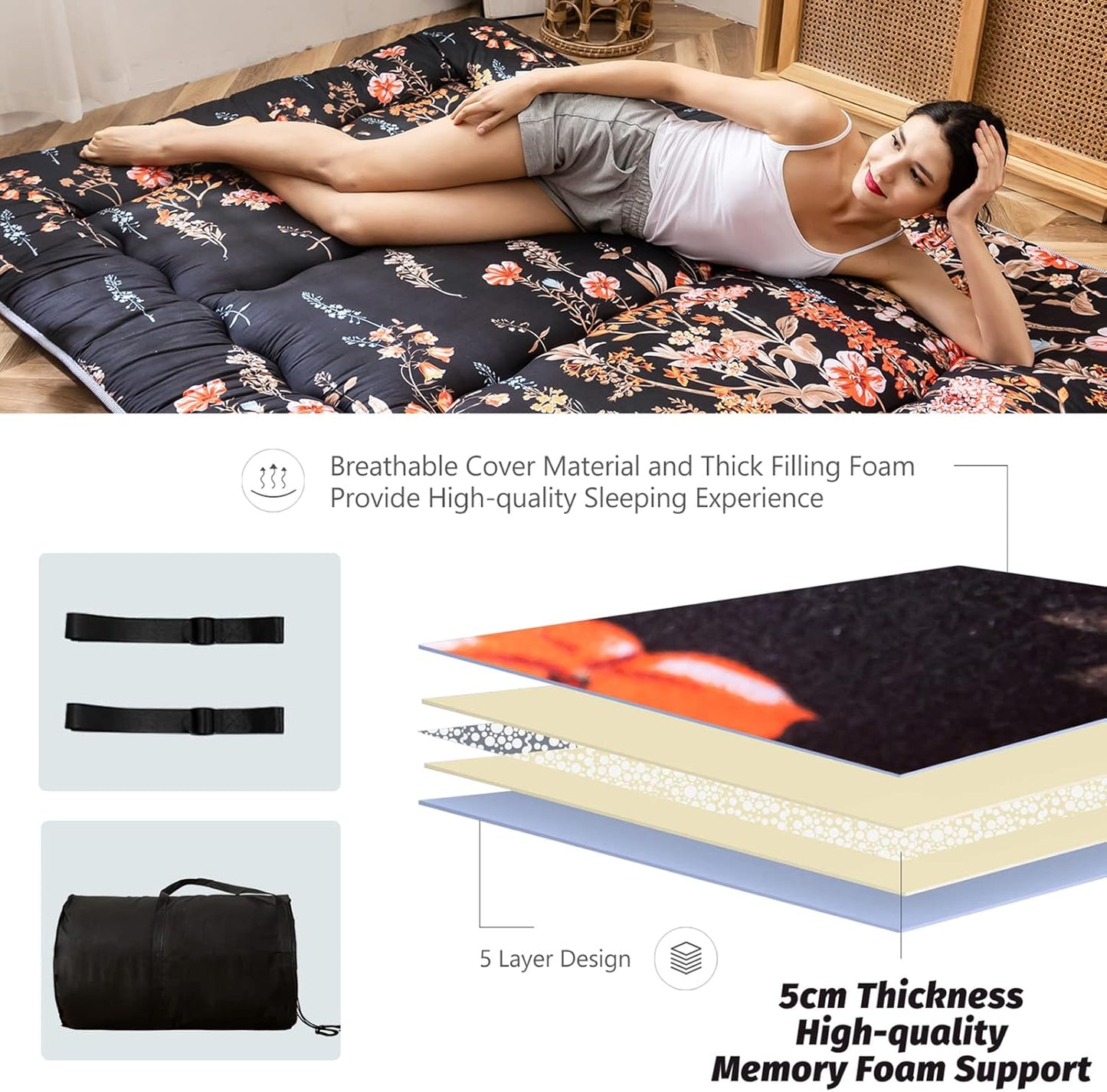 MAXYOYO Bohemian Retro Mattress Boho Floral Japanese Futon Mattress Tatami Floor Mat Foldable Portable Camping, Sleeping Pad, Lounger Couch Bed Full Size