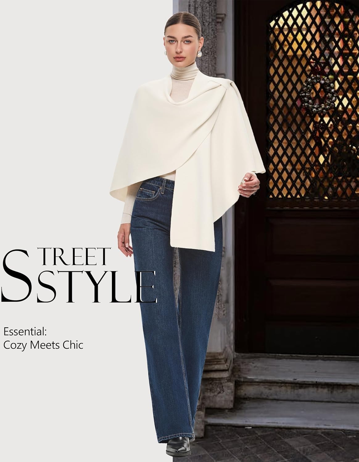 PULI Womens Large Cross Front Poncho Sweater Wrap Topper Knitted Elegant Shawls Cape for Fall Winter