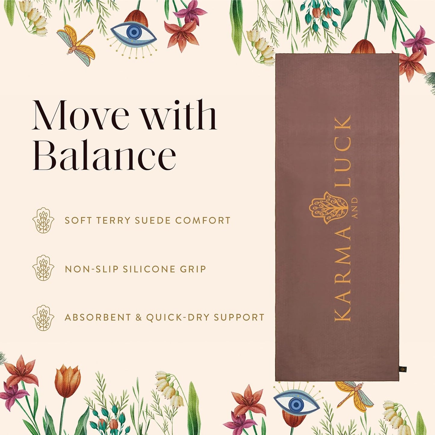 KARMA AND LUCK Radiant Protection Yoga Towel, Absorbent, Non-Slip Hot Yoga Mat Towel, Silicone Grip & Soft Terry Suede for Spiritual Energy Shield & Clarity, 26” x 72”