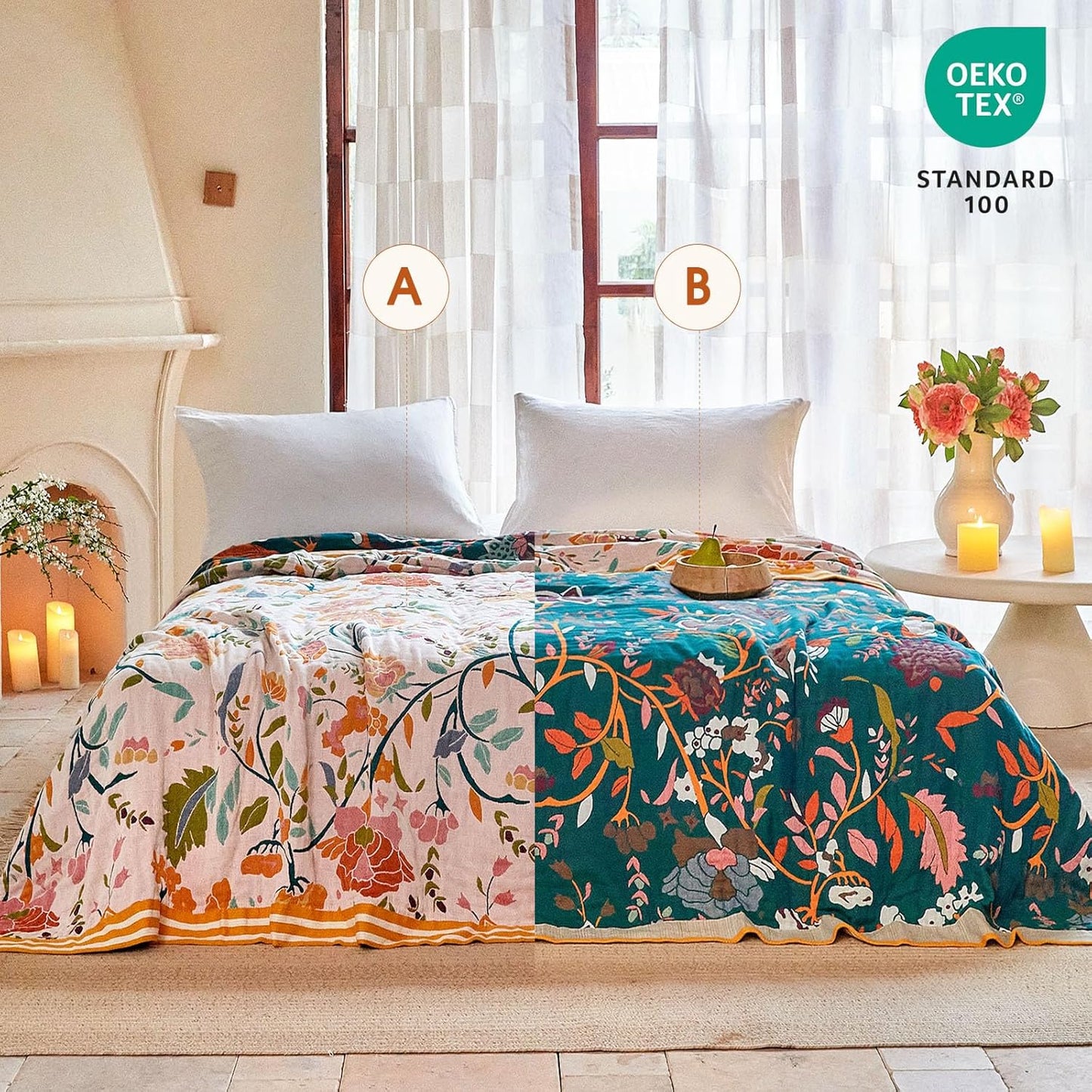 Boho Throw Blanket - 100% Cotton Soft Summer Throw Blanket for Bed, 50"x60" Reversible Breathable Lightweight Blankets, All Seasons Farmhouse Decor Floral Plant Butterfly Throw Quilt