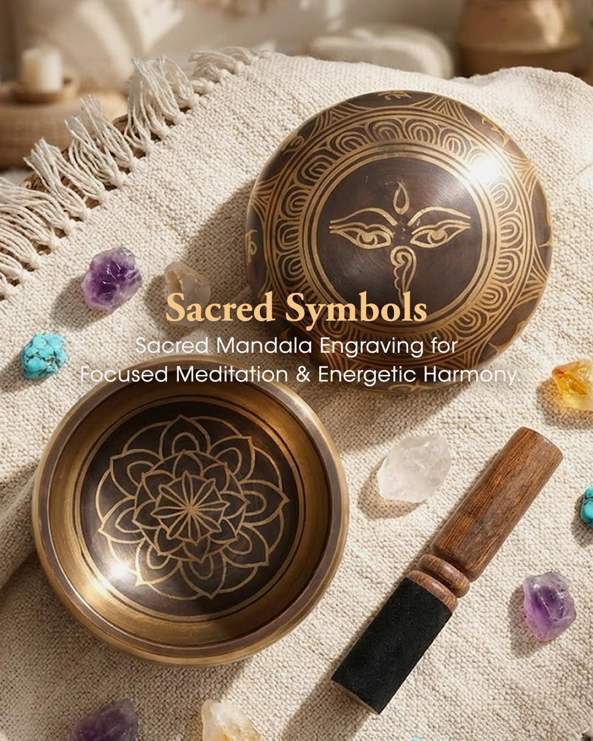 Relaehih Tibetan Singing Bowls Set-Hand-hammered in Nepal Sound Bowl for Meditation, Yoga, Chakra, Meditation Accessories, Stress Relief Tool and Unique Gifts for Women, Men (Yellow, 4 inch)