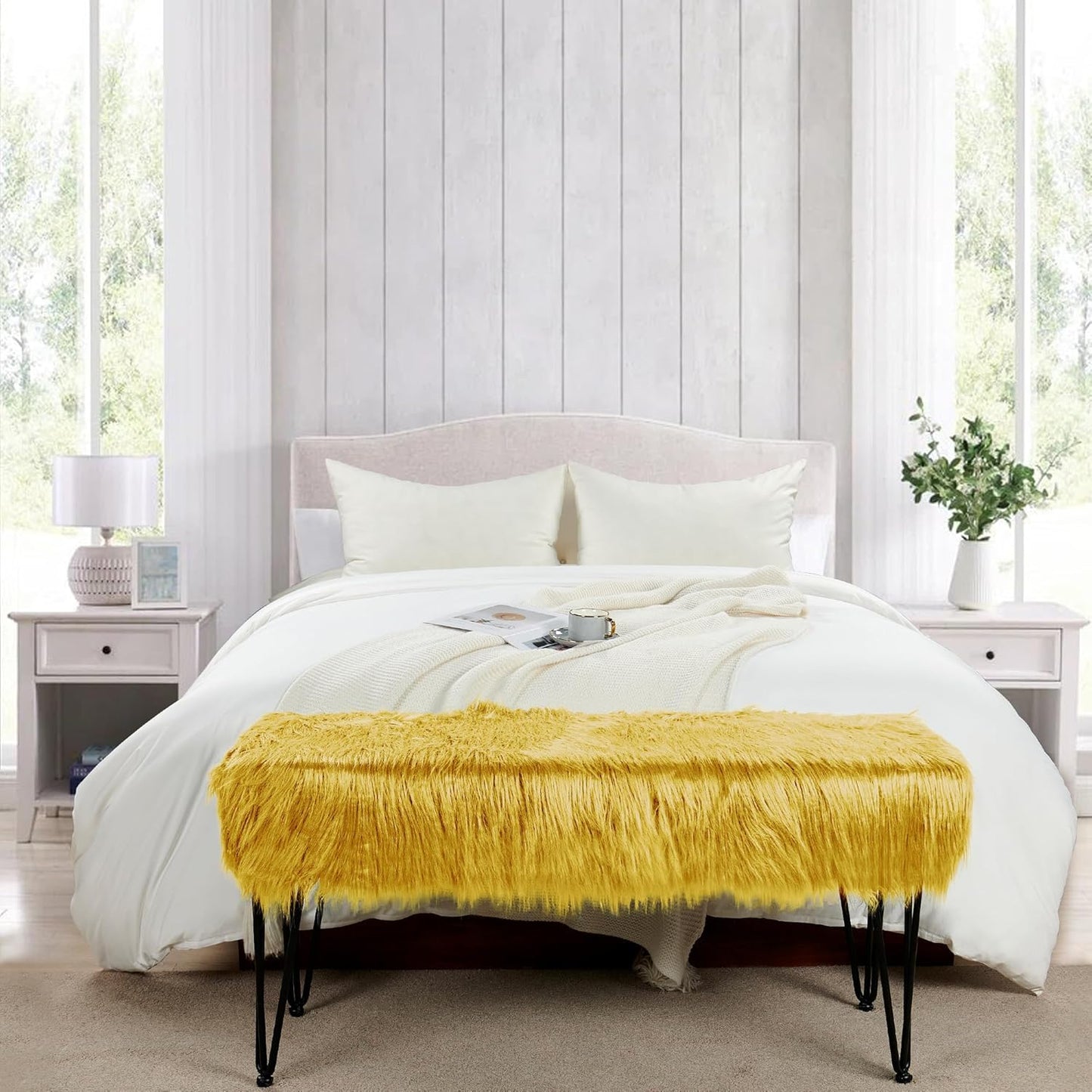 Home Soft Things Green Mongolian Faux Fur Ottoman, Desert Sage, 19'' x 13'' x 17'', Cozy Plush Fluffy Ottoman Foot Rest Stool for Living Room Bedroom Entryway Makeup Bench End of Bed Home Décor
