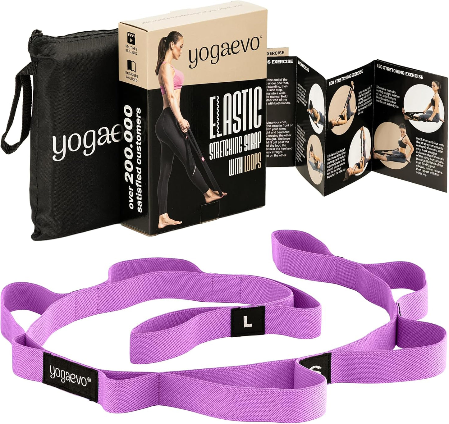 YOGA-EVO Elastic Stretching Strap with Loops for Physical Therapy - Stretch & Activate Muscles - Increase Mobility & Recovery - Soft Cotton & Spandex - Includes Carrying Pouch & Video Exercises