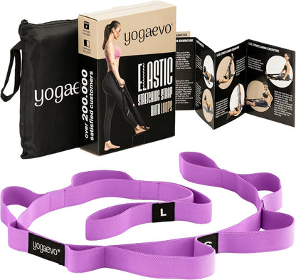 YOGA-EVO Elastic Stretching Strap with Loops for Physical Therapy - Stretch & Activate Muscles - Increase Mobility & Recovery - Soft Cotton & Spandex - Includes Carrying Pouch & Video Exercises