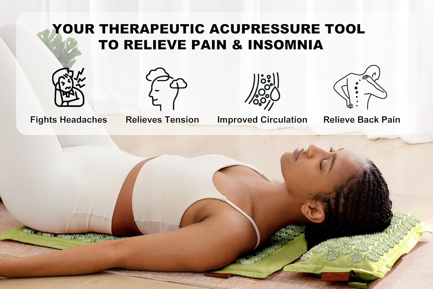UNMERA Acupressure Mat and Pillow Set,Natural Eco Linen & Coconut Fiber Filling,for Back/Neck Pain Relief, Sciatic, Headache and Muscle Relaxation, Comes with Carrying Bag