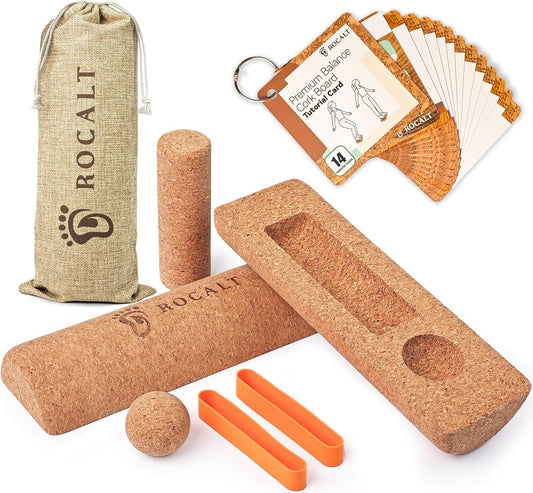 Rocalt Cork Balance Board, Premium Cork 4-in-1 Foot & Ankle Strengthener Kit, Balance Trainer with Massage Roller & Ball, Toe Resistance Bands, Storage Bag & Exercise Guide for Enhance Mobility, Improve Foot Function, Prevent Falls