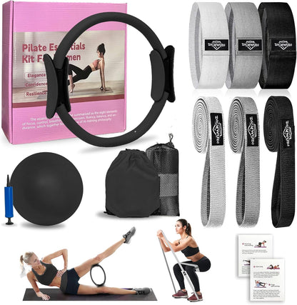 DICYWUDI Pilates Essentials Kit for Home Women, Pilates Equipment for Workouts, 6 Fabric Resistance Bands, 12 Inch Magic Circle Yoga Ring, Mini Exercise Ball, Great Exercise Equipment