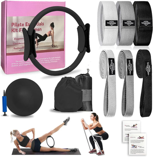 DICYWUDI Pilates Essentials Kit for Home Women, Pilates Equipment for Workouts, 6 Fabric Resistance Bands, 12 Inch Magic Circle Yoga Ring, Mini Exercise Ball, Great Exercise Equipment