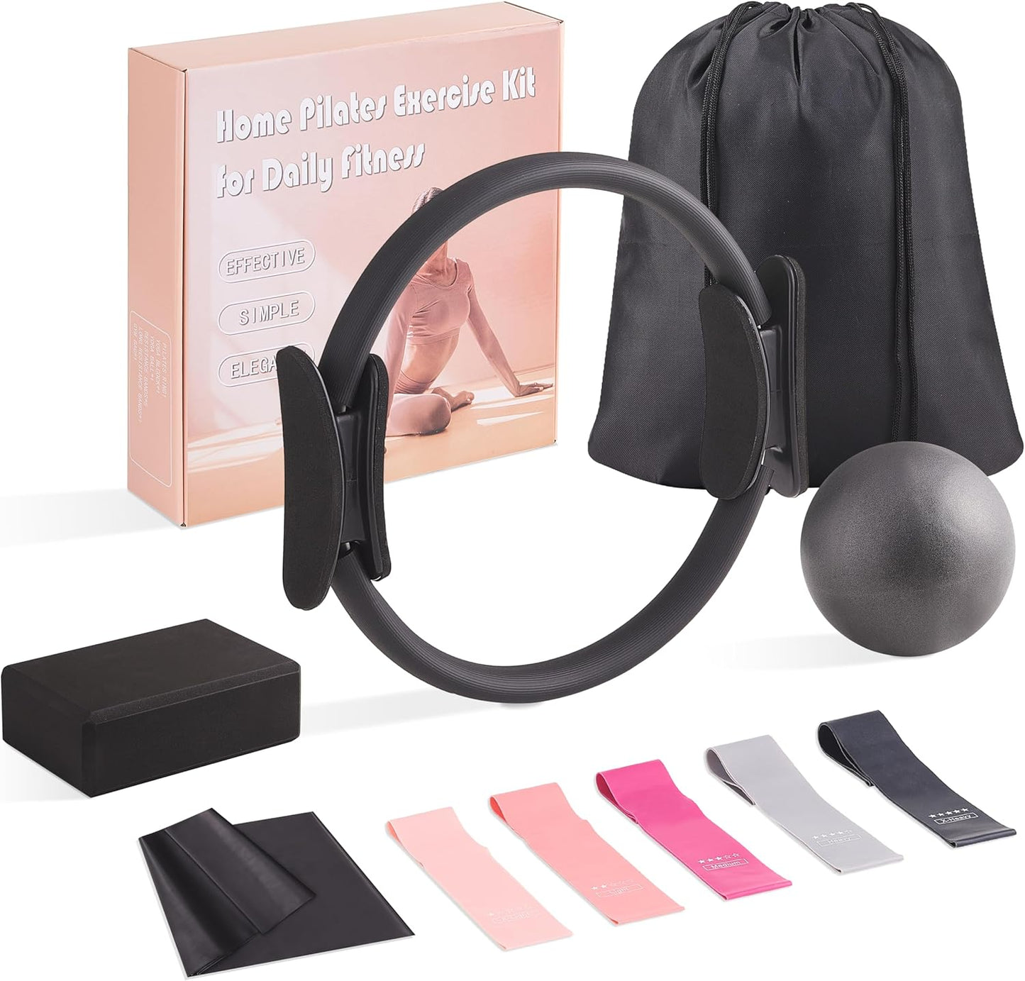 10 Pcs Pilates Equipment Present Pilates Ring Set with Yoga Ring Ball Stretching Strap Risistance Bands Block Gym Bag