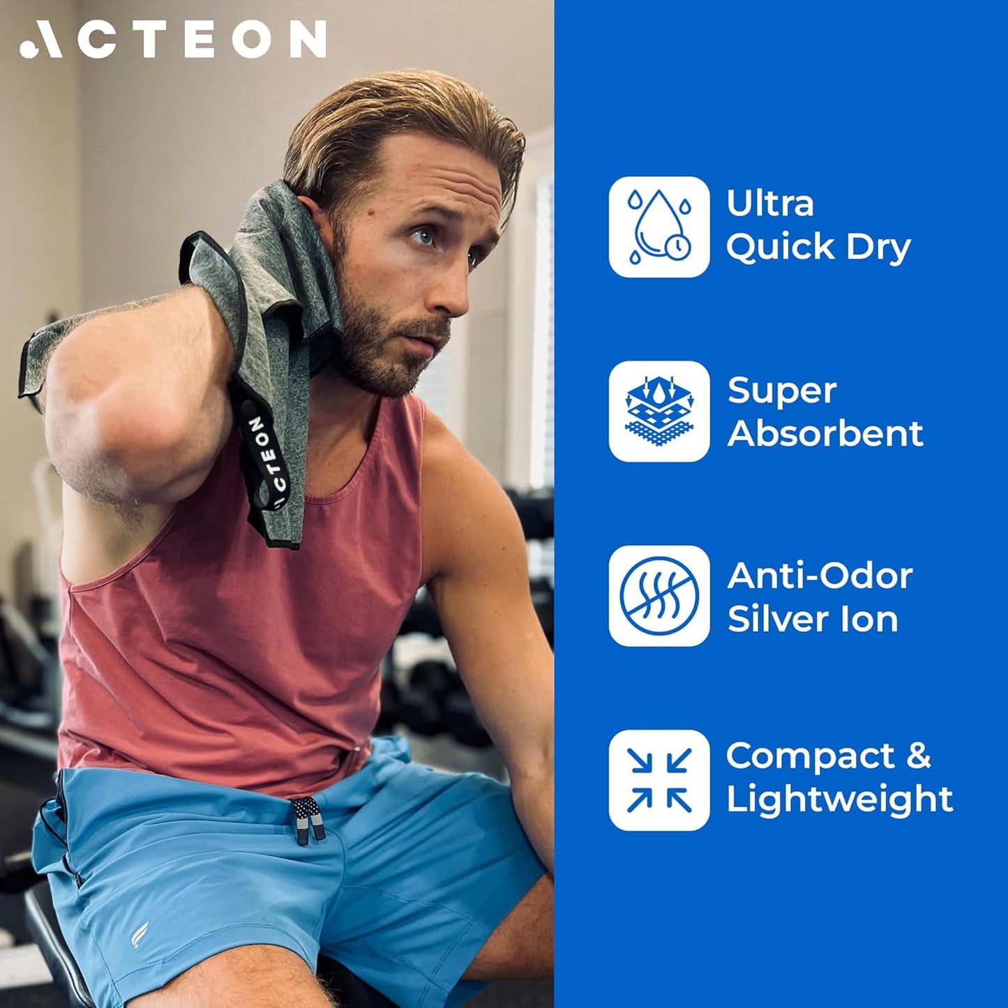 Acteon Microfiber Gym Towels 5 Pack, Quick Dry Silver ION Odor-Free Sweat Towel, Super Absorbent Fast Drying for Men & Women, Workout, Yoga, Running, Hiking, Travel – 16x30.5 Inch