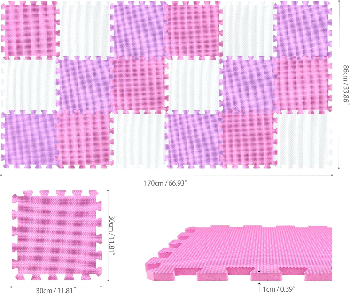 qqpp EVA Rubber 18 Tiles Interlocking Puzzle Foam Floor Mats - Baby Play Mat for Playing | Exercise Mat for Home Workout. White, Pink, Gray. QC-ACLb18N