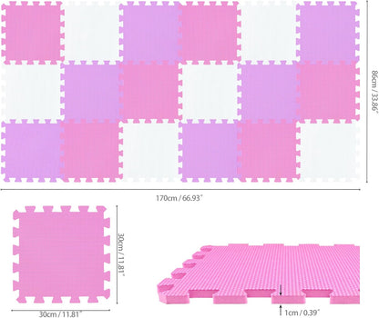 qqpp EVA Rubber 18 Tiles Interlocking Puzzle Foam Floor Mats - Baby Play Mat for Playing | Exercise Mat for Home Workout. White, Pink, Gray. QC-ACLb18N