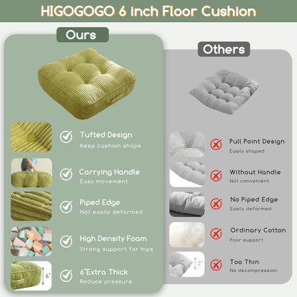 HIGOGOGO Floor Pillow Cushion for Adults, Meditation Cushion Pillow, Large Square Floor Sitting, Tufted Corduroy Cover, for Tatami Living Room or Yoga, 22x22 Inch, Dark Grey