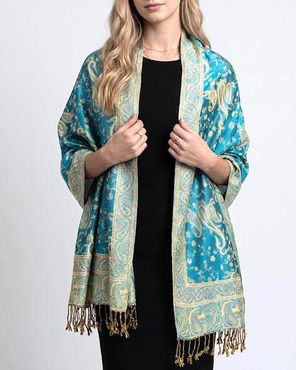 Achillea Reversible Paisley Pashmina Rave Scarf – Exotic Indian Shawls and Wraps for Evening Dresses, Festivals, All Seasons - Colors A