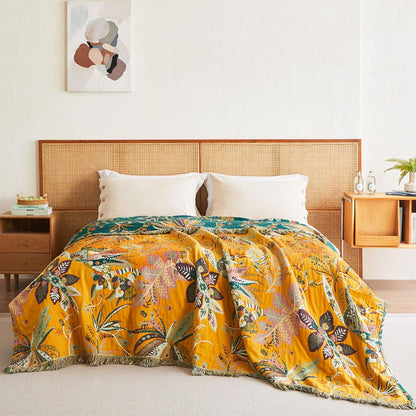 Boho Throw Blanket - 100% Cotton Soft Summer Throw Blanket for Bed, 50"x60" Reversible Breathable Lightweight Blankets, All Seasons Farmhouse Decor Floral Plant Butterfly Throw Quilt