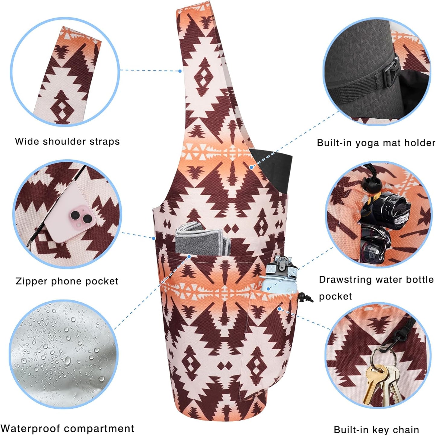Yoga Mat Bag - Large Opening Long Tote Yoga Mat Carrier Holder Bag with Waterproof Wet Zipper Pocket and Drawstring Water Bottle Pocket - Yoga Bag Fit Most Size Mats