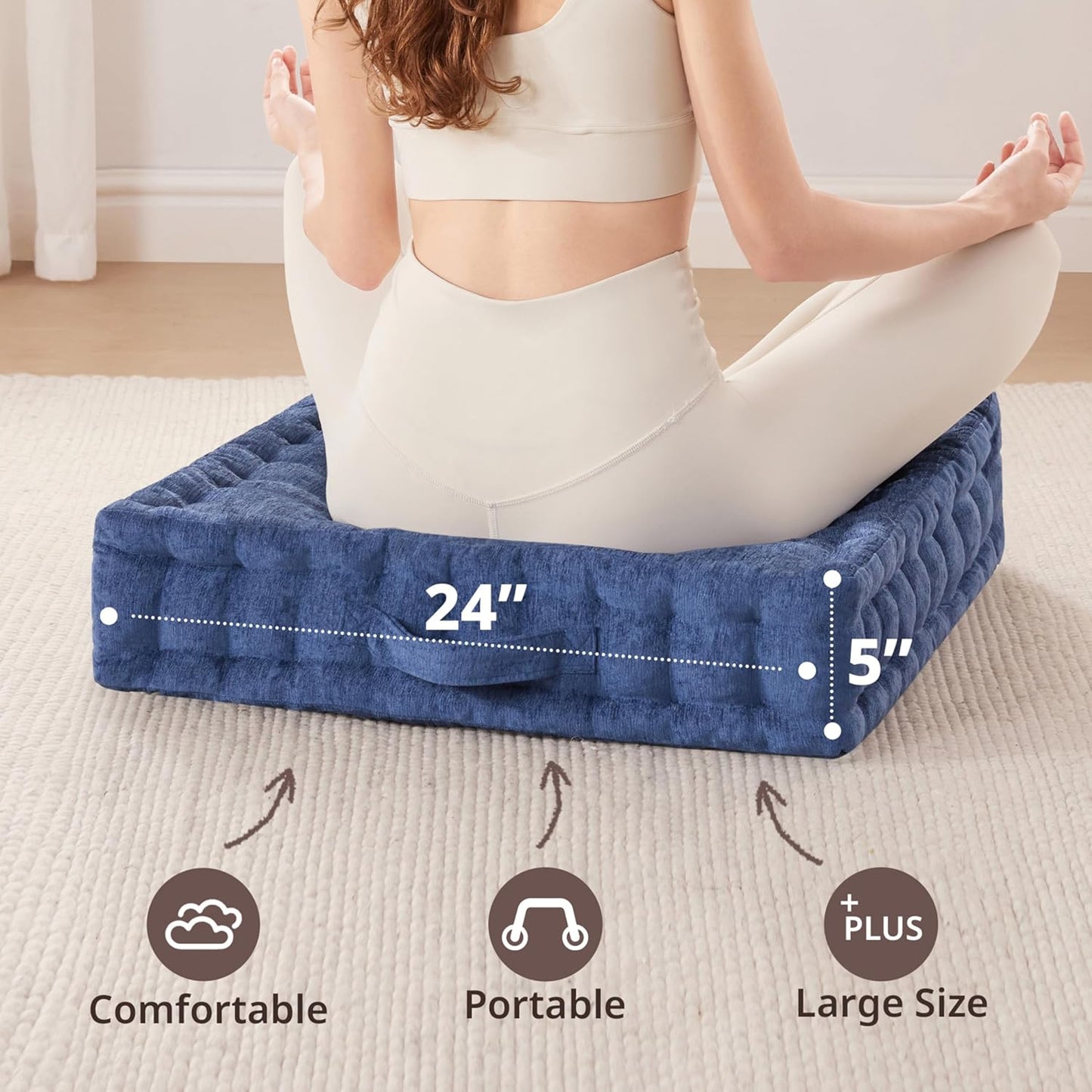 Intelligent Design Large Floor Pillow for Adults Yoga or Meditation Cushion with Handle, Floor Cushion for Board Games, Lustrous Chenille Tufted, Handsewn Scalloped Edge, Azza, 24" x 24" x 5" Yellow