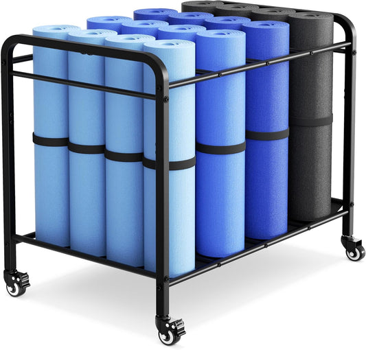 Black Yoga Mat Storage Rack Basket with Wheels, Floor-Standing Metal Yoga Mat Cart Workout Equipment for Foam Roller Dumbbells Kettlebells,in Gym,Fitness Classes, Yoga Studio & Home Gym