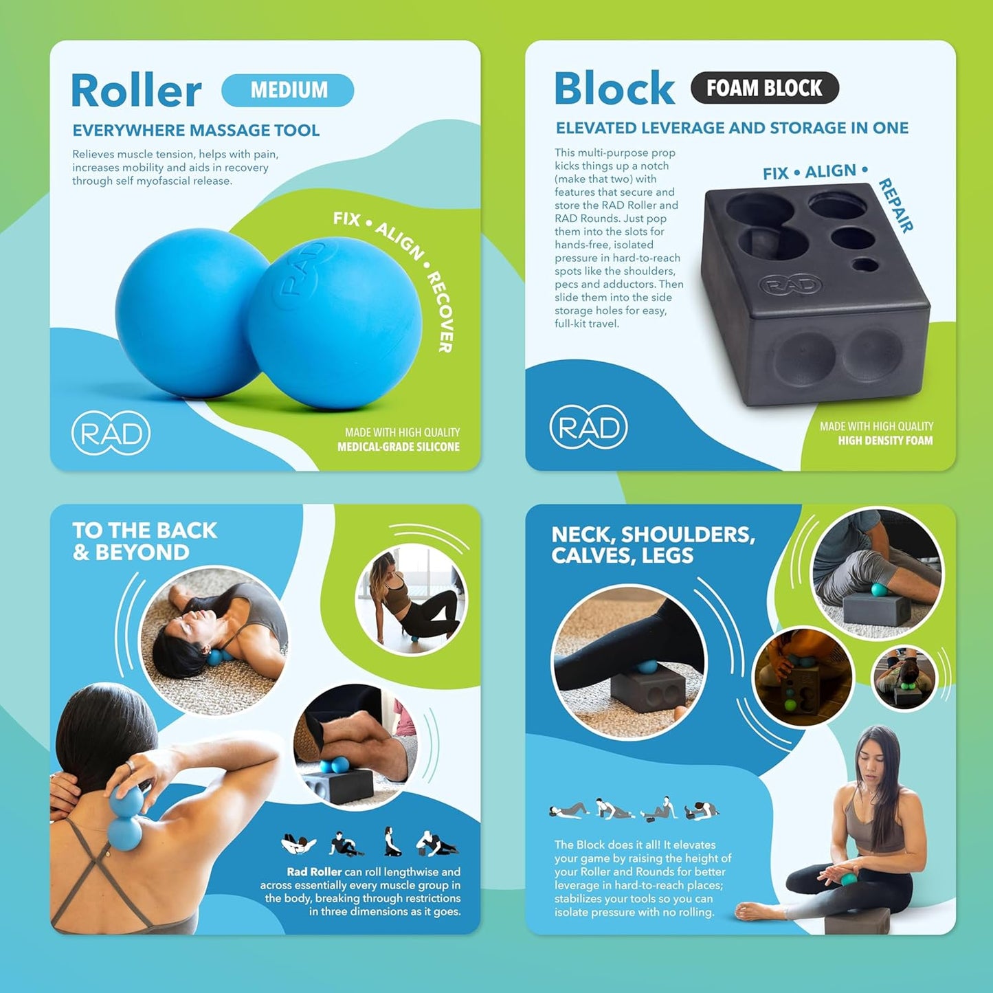 RAD All-in Kit 7-in-1 Foam Roller Set for Whole Body Massage & Myofascial Release with Roller Stick, Yoga Block, Massage Balls Muscle Recovery Tools for Mobility & Flexibility