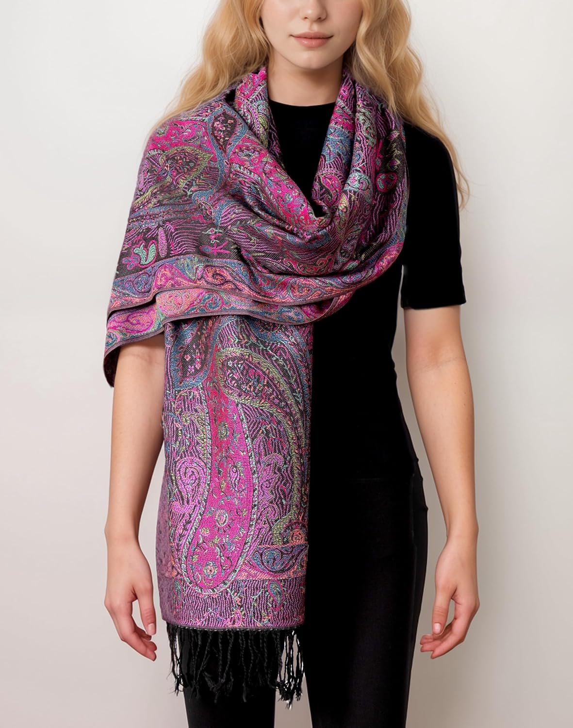 Achillea Reversible Paisley Pashmina Rave Scarf – Exotic Indian Shawls and Wraps for Evening Dresses, Festivals, All Seasons - Colors A